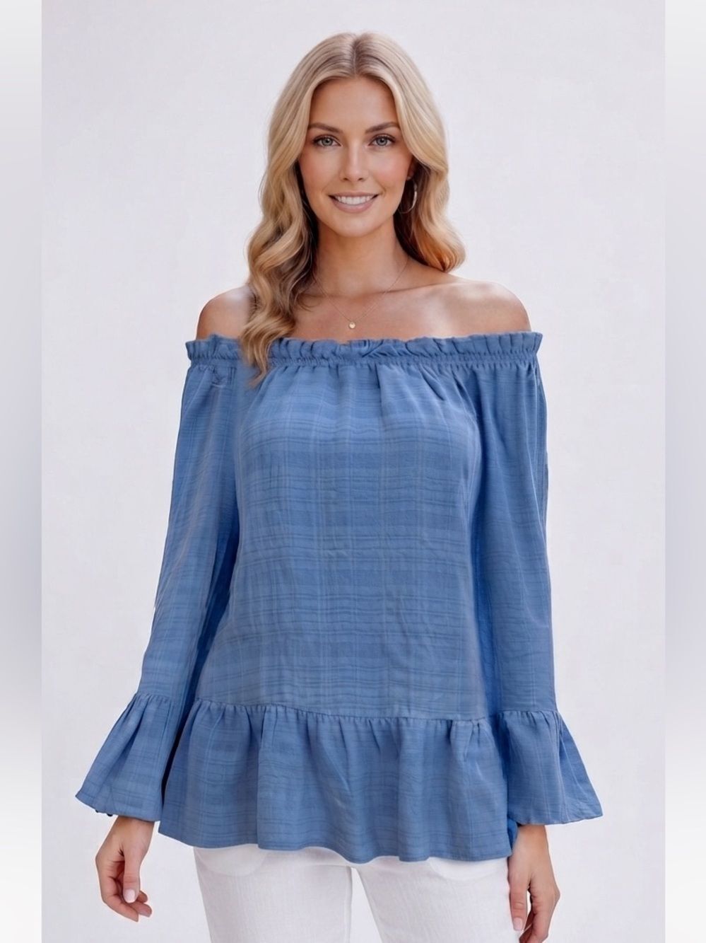 Maven West Women’s Blue Boho Off the Shoulder Ruffle Hem Flowy Top Extra Small